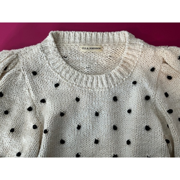 ULLA JOHNSON Womens Adalene Cream Black Pom Pom Puff Sleeve Cotton Sweater Sz M - Picture 4 of 11